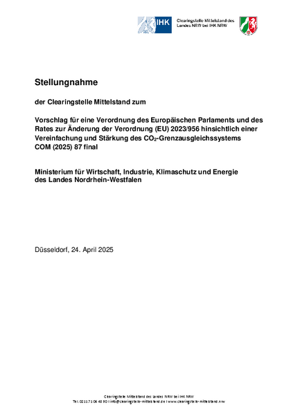 Vorschlag für eine Verordnung des Europäischen Parlaments und des Rates zur Änderung der Verordnung (EU) 2023/956 hinsichtlich einer Vereinfachung und Stärkung des CO2-Grenzausgleichssystems, Stellungnahme_zum_CO2-Grenzausgleichssystems.pdf, 284 KB Vorschlag für eine Verordnung des Europäischen Parlaments und des Rates zur Änderung der Verordnung (EU) 2023/956 hinsichtlich einer Vereinfachung und Stärkung des CO2-Grenzausgleichssystems