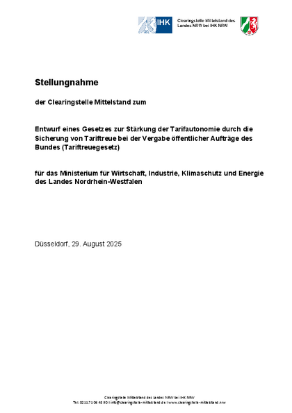 Entwurf eines Gesetzes zur Stärkung der Tarifautonomie durch die Sicherung von Tariftreue bei der Vergabe öffentlicher Aufträge des Bundes (Tariftreuegesetz), Stn_der_Clearingstelle_Mittelstand_zum_TariftreueG.pdf, 430 KB Entwurf eines Gesetzes zur Stärkung der Tarifautonomie durch die Sicherung von Tariftreue bei der Vergabe öffentlicher Aufträge des Bundes (Tariftreuegesetz)