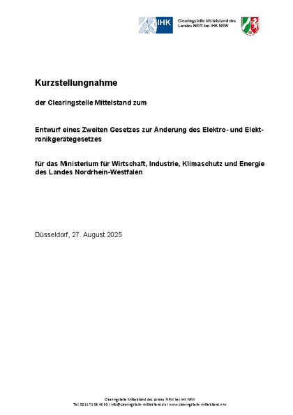 Entwurf eines Zweiten Gesetzes zur Änderung des Elektro- und Elektronikgerätegesetzes, Kurzstellungnahme_der_Clearingstelle_Mittelstand_zum_Regierungsentwurf_eines_Zweiten_Gesetzes_zur_AEnderung_des_Elektro-_und_Elektronikgeraetegesetzes_.pdf, 268 KB Entwurf eines Zweiten Gesetzes zur Änderung des Elektro- und Elektronikgerätegesetzes