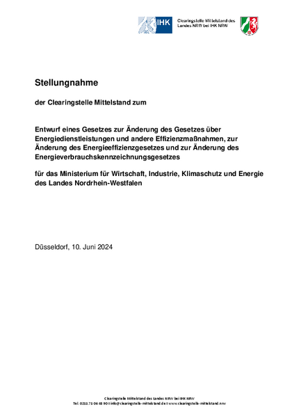 Entwurf eines Gesetzes zur Änderung des Gesetzes über Energiedienstleistungen und andere Effizienzmaßnahmen, zur Änderung des Energieeffizienzgesetzes und zur Änderung des Energieverbrauchskennzeichnungsgesetzes, Stellungnahme_der_Clearingstelle_Mittelstand_zum_GE_zur_AEnderung_EDL-G__EnEfG__EnVKG.pdf, 304 KB Entwurf eines Gesetzes zur Änderung des Gesetzes über Energiedienstleistungen und andere Effizienzmaßnahmen, zur Änderung des Energieeffizienzgesetzes und zur Änderung des Energieverbrauchskennzeichnungsgesetzes