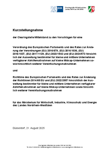 Verordnung und Richtlinie zur Ausweitung bestimmter für kleine und mittlere Unternehmen verfügbarer Abhilfemaßnahmen auf kleine Midcap-Unternehmen , Kurzstellungnahme_der_Clearingstelle_Mittelstand_zur_VO_und_RL_Ausweitung_von_Abhilfemassnahmen_auf_Midcap-Unternehmen.pdf, 226 KB Verordnung und Richtlinie zur Ausweitung bestimmter für kleine und mittlere Unternehmen verfügbarer Abhilfemaßnahmen auf kleine Midcap-Unternehmen