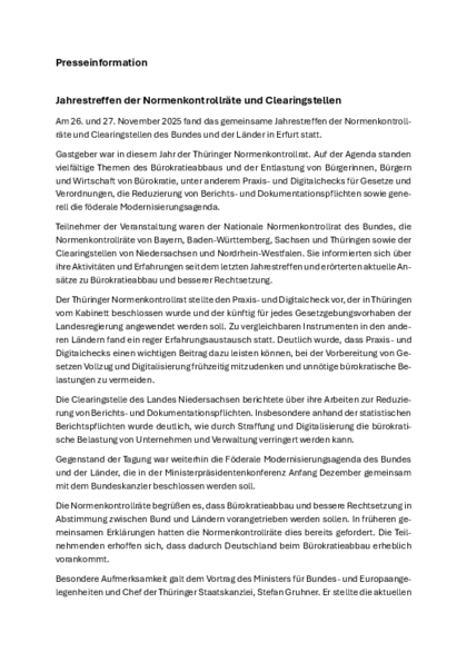 Treffen der Normenkontrollräte / Clearingstellen des Bundes und der Länder am 26. und 27. November 2025, Presseinformation_NKR_Jahrestreffen_.pdf, 38 KB