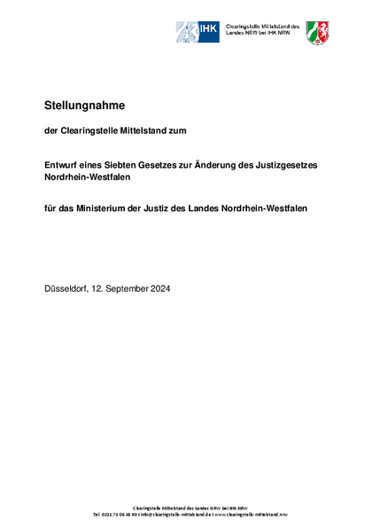 Entwurf eines Siebten Gesetzes zur Änderung des Justizgesetzes Nordrhein-Westfalen , Stellungnahme_der_Clearingstelle_Mittelstand_zum_Gesetzesentwurf_zur_AEnderung_des_Justizgesetzes_NRW.pdf, 167 KB Entwurf eines Siebten Gesetzes zur Änderung des Justizgesetzes Nordrhein-Westfalen